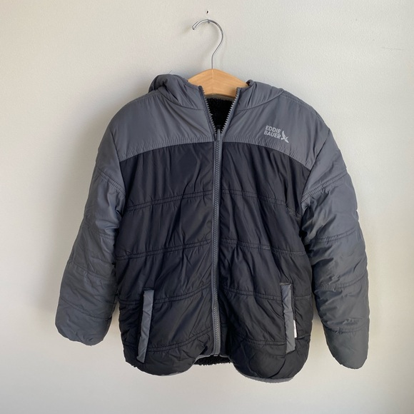 Eddie Bauer Kids Reversible Two-Tone Gray Puffer Jacket - Picture 1 of 6